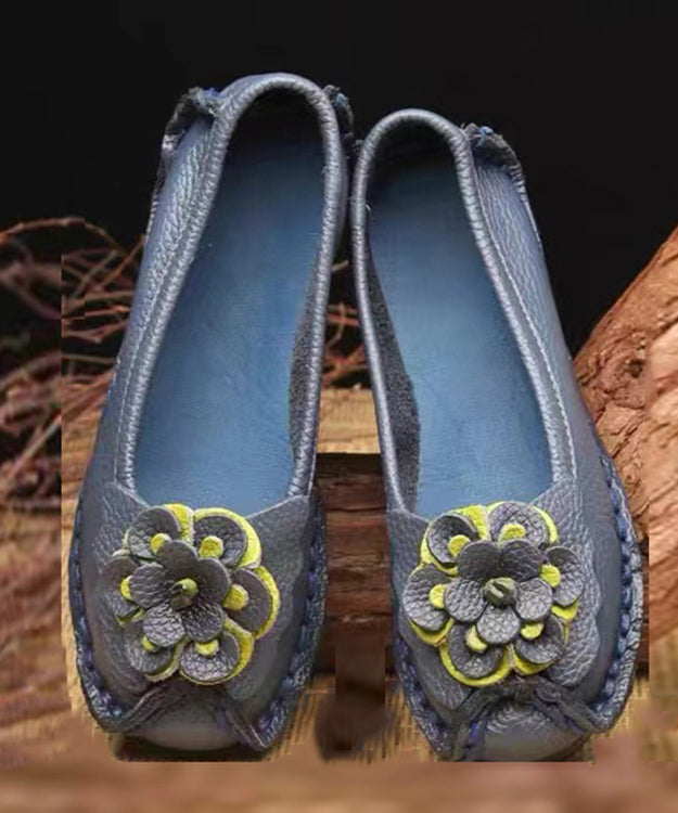 Women Navy Faux Leather Flower Splicing Flat Feet Shoes