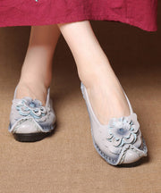 Women Navy Faux Leather Flower Splicing Flat Feet Shoes