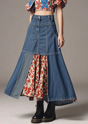 Women Navy High Waist Patchwork Denim A Line Skirts Spring