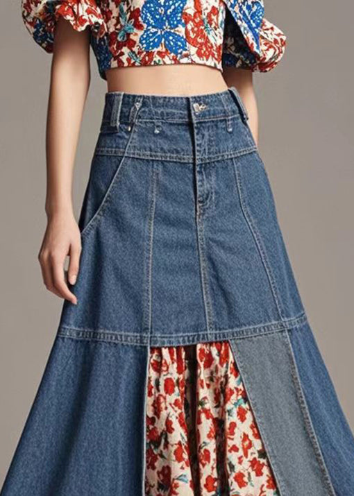 Women Navy High Waist Patchwork Denim A Line Skirts Spring