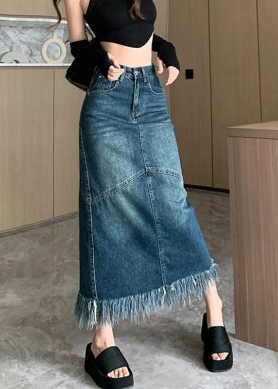 Women Navy High Waist Patchwork Tassel Denim Maxi Skirts Summer