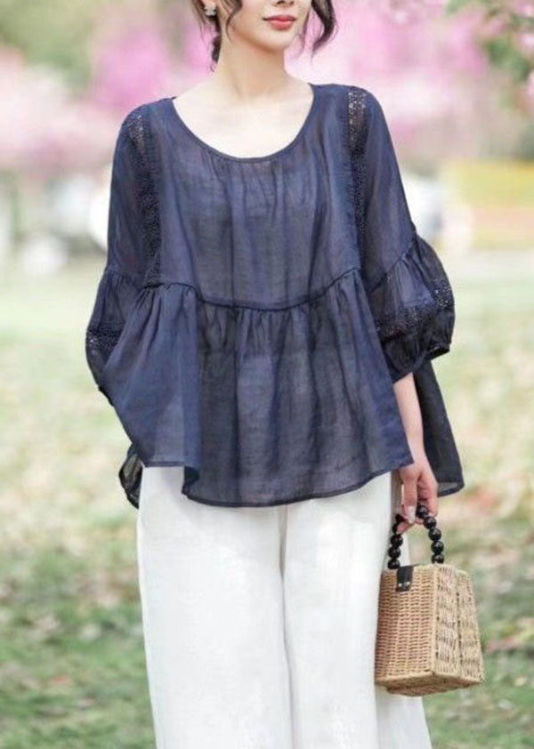 Women Navy Hollow Out Embroideried Patchwork Linen Tops Summer