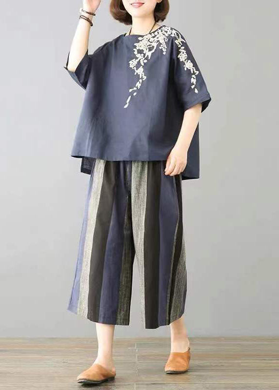 Women Navy O-Neck Embroideried Striped Linen Tops And Straight Pants Two Pieces Set Short Sleeve