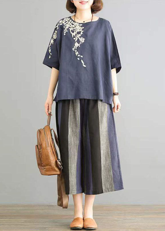 Women Navy O-Neck Embroideried Striped Linen Tops And Straight Pants Two Pieces Set Short Sleeve