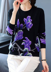 Women Navy O Neck Print Wool Knit Sweaters Long Sleeve