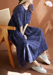 Women Navy Oversized Plaid Linen Maxi Dresses Summer