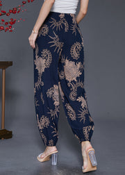 Women Navy Oversized Print Cotton Lantern Pants Fall