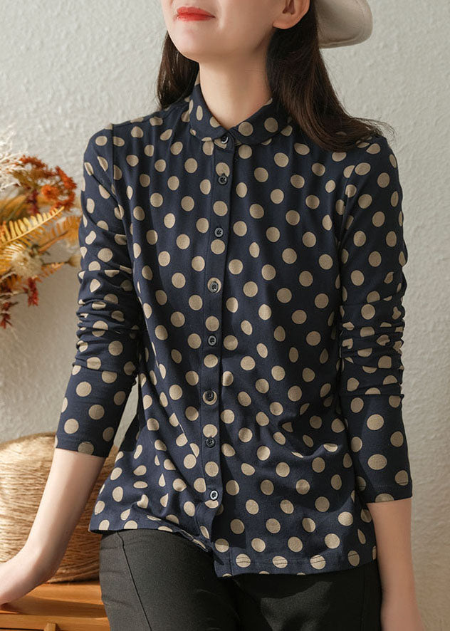 Women Navy Peter Pan Collar Dot Print Cotton Shirt Tops Fall