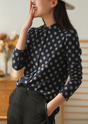 Women Navy Peter Pan Collar Dot Print Cotton Shirt Tops Fall