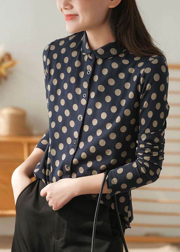 Women Navy Peter Pan Collar Dot Print Cotton Shirt Tops Fall