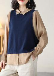 Women Navy Peter Pan Collar Patchwork Fake Two Piece Cotton Shirt Top Long Sleeve