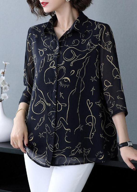 Women Navy Peter Pan Collar Print Patchwork Chiffon Shirt Bracelet Sleeve