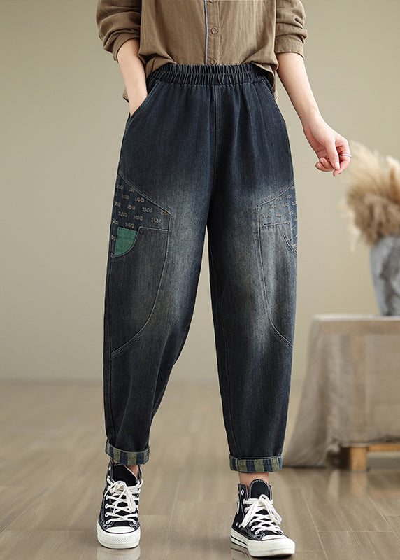 Women Navy Pockets Elastic Waist Denim Pants Fall