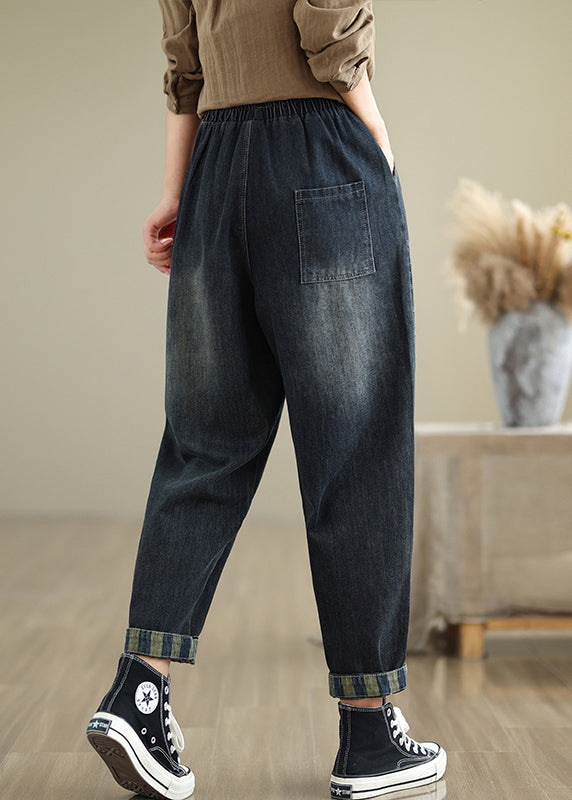 Women Navy Pockets Elastic Waist Denim Pants Fall