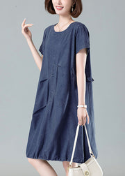 Women Navy Ruffled Drawstring Denim Dresses Summer