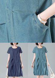 Women Navy Ruffled Drawstring Denim Dresses Summer