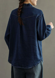 Women Navy Stand Collar Asymmetrical Patchwork Linen Shirt Top Long Sleeve