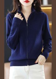 Women Navy Stand Collar Zip Up Thick Wool Knit Cardigan Spring