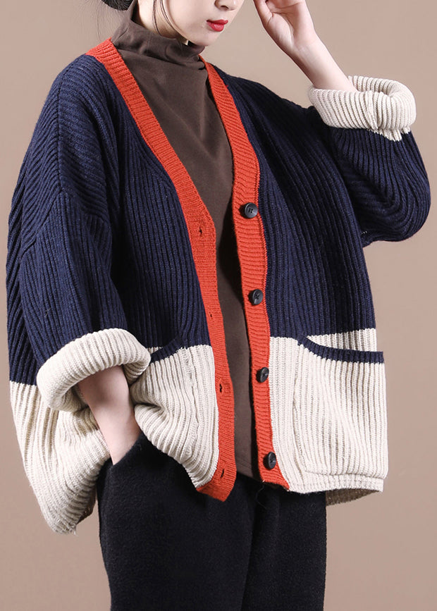 Women Navy V Neck Patchwork Button Thick Knit Sweaters Coats Fall