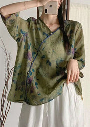 Women Navy V Neck Print Patchwork Linen Blouse Tops Summer