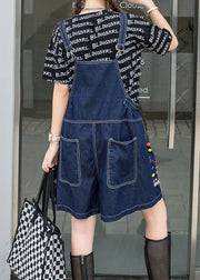 Women Navy Zircon Patchwork Denim Spaghetti Strap Jumpsuits Shorts Summer