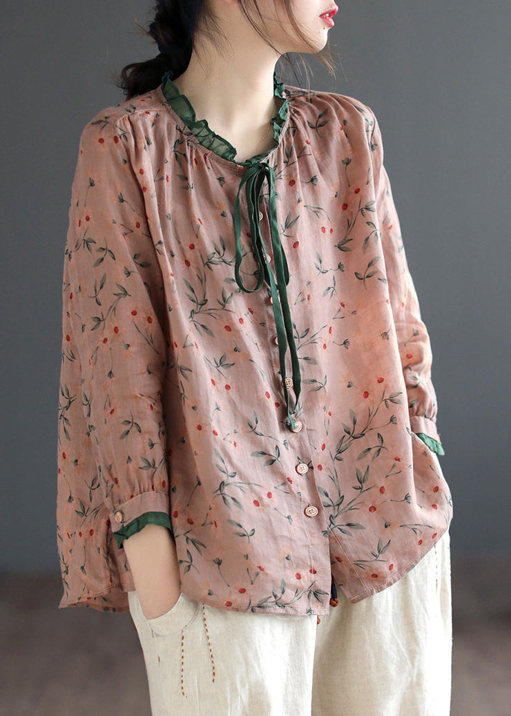 Women Neck Tie Ruffled Print Low High Design Linen Shirt Long Sleeve