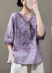 Women Nwe Purple V Neck Embroidered Linen Top Summer