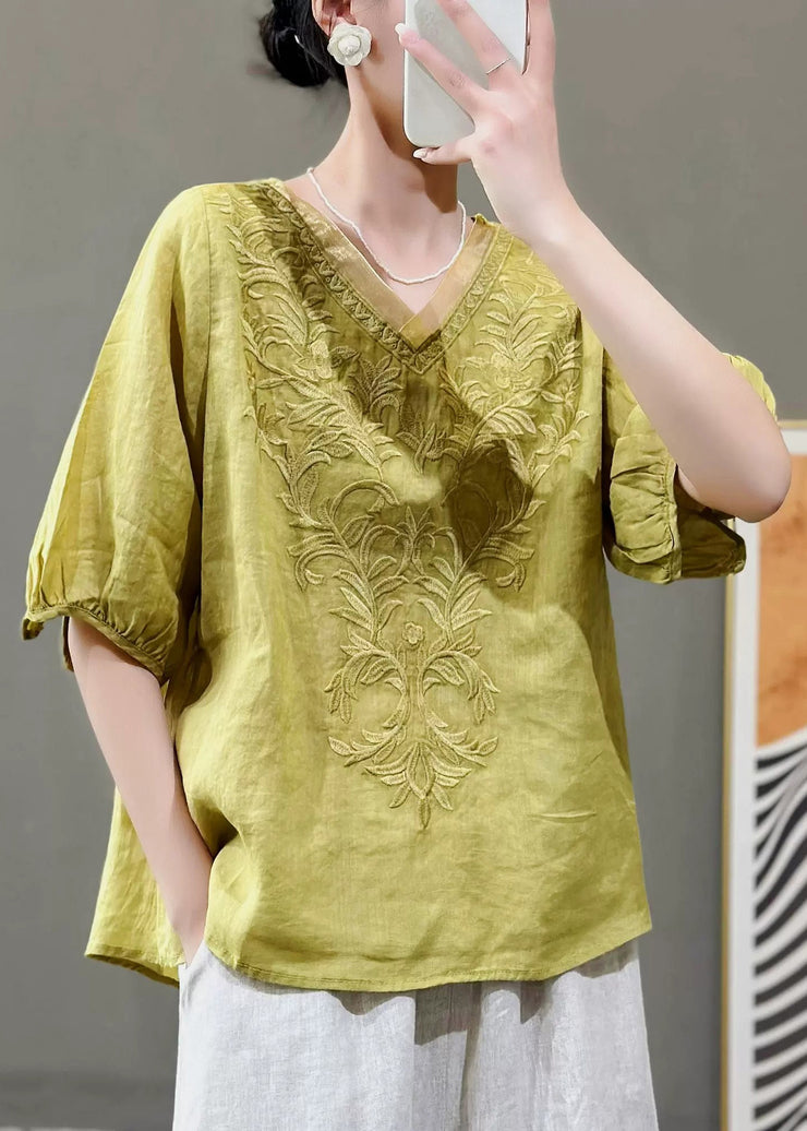 Women Nwe Purple V Neck Embroidered Linen Top Summer