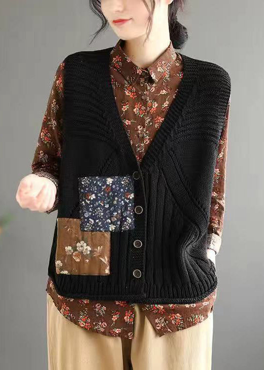 Women Orange Button Patchwork Cozy Cotton Knit Waistcoat Sleeveless