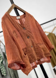 Women Orange Button Pockets Linen Cardigan Spring