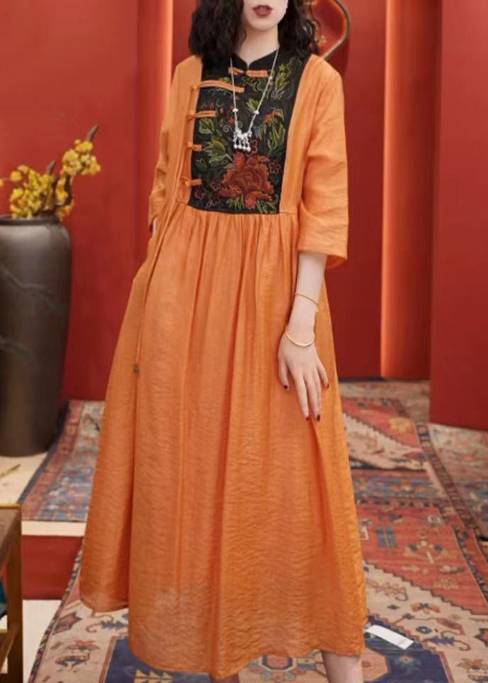 Women Orange Embroidered Button Cotton Dresses Half Sleeve