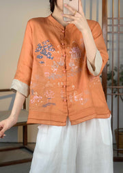 Women Orange Embroidered Patchwork Linen Shirt Bracelet Sleeve