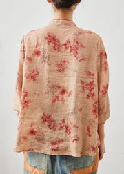 Women Orange Embroidered Print Linen Blouse Top Summer