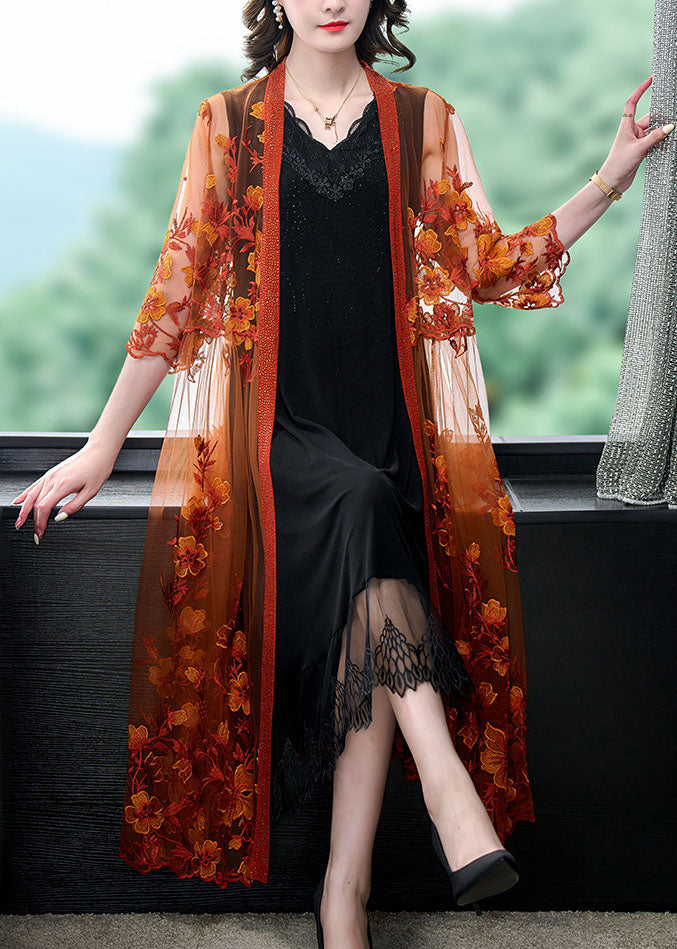 Women Orange Embroideried Patchwork Tulle Long Dresses Summer