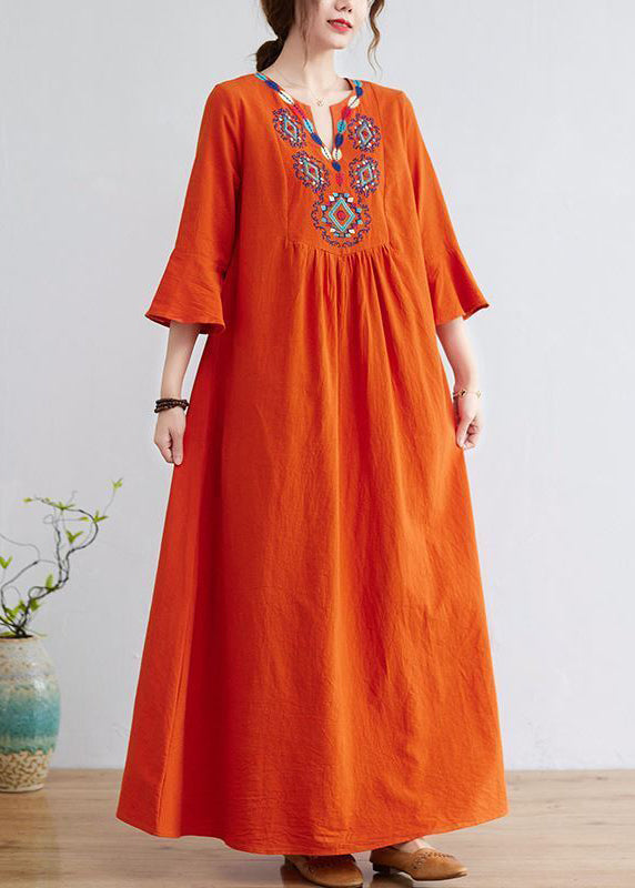 Women Orange Embroideried Wrinkled Cotton Maxi Dress Bracelet Sleeve