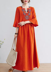 Women Orange Embroideried Wrinkled Cotton Maxi Dress Bracelet Sleeve