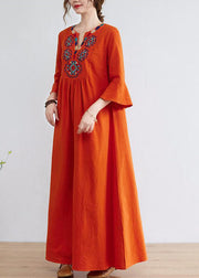 Women Orange Embroideried Wrinkled Cotton Maxi Dress Bracelet Sleeve