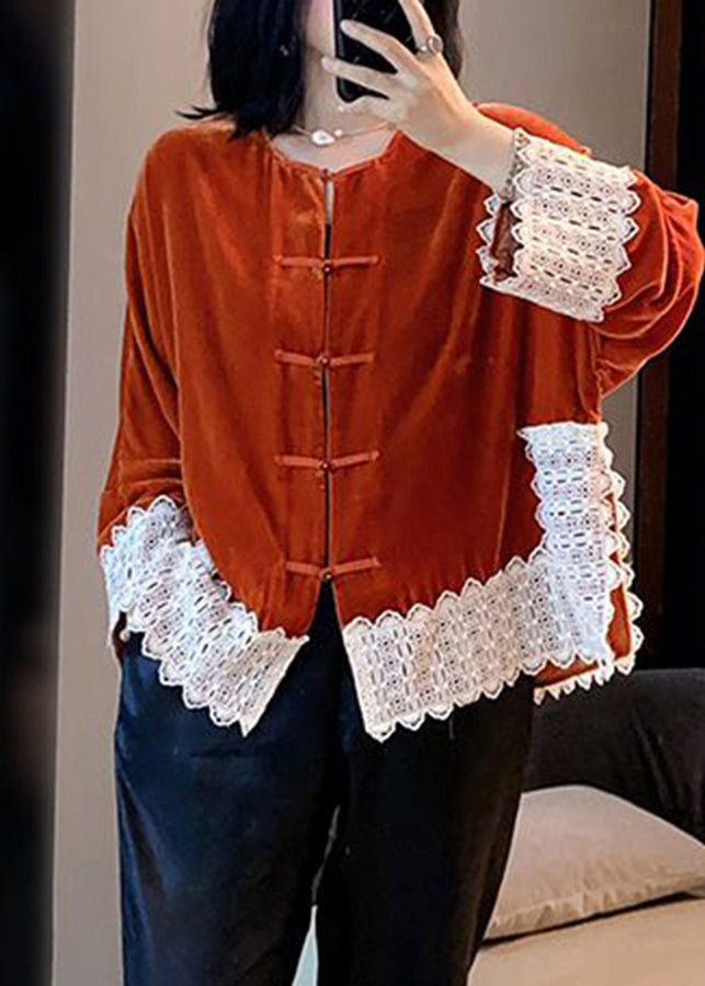 Women Orange Lace Patchwork Silk Velour Coats Long Sleeve