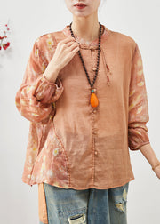 Women Orange Mandarin Collar Patchwork Cotton Shirt Summer