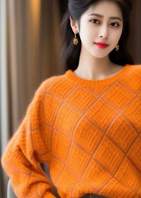 Women Orange O Neck Patchwork Cozy Cotton Knit Sweaters Winter