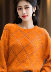 Women Orange O Neck Patchwork Cozy Cotton Knit Sweaters Winter