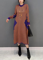 Women Orange O Neck Patchwork Knit Dress Winter