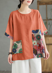 Women Orange O Neck Print Patchwork Linen T Shirt Top Summer