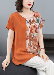 Women Orange O Neck Print Patchwork Silk T Shirt Tops Summer