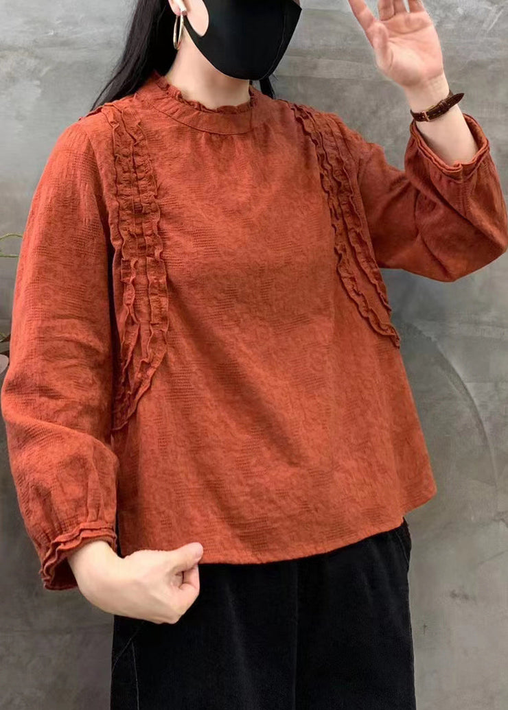 Women Orange O-Neck Ruffled Patchwork Cotton Tops Fall