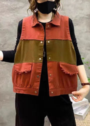 Women Orange Peter Pan Collar Button Patchwork Cotton Waistcoat Sleeveless