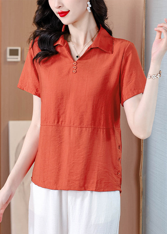 Women Orange Peter Pan Collar Cotton Blouses Summer