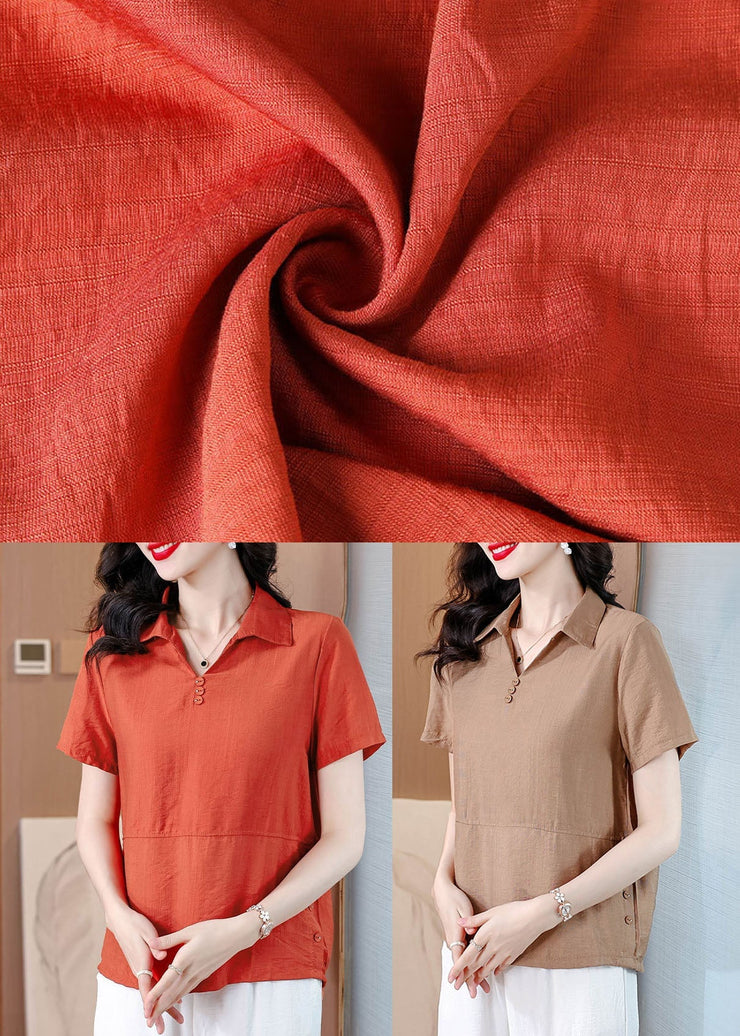 Women Orange Peter Pan Collar Cotton Blouses Summer