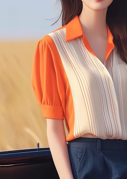 Women Orange Peter Pan Collar Patchwork Chiffon Shirt Summer