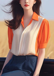 Women Orange Peter Pan Collar Patchwork Chiffon Shirt Summer